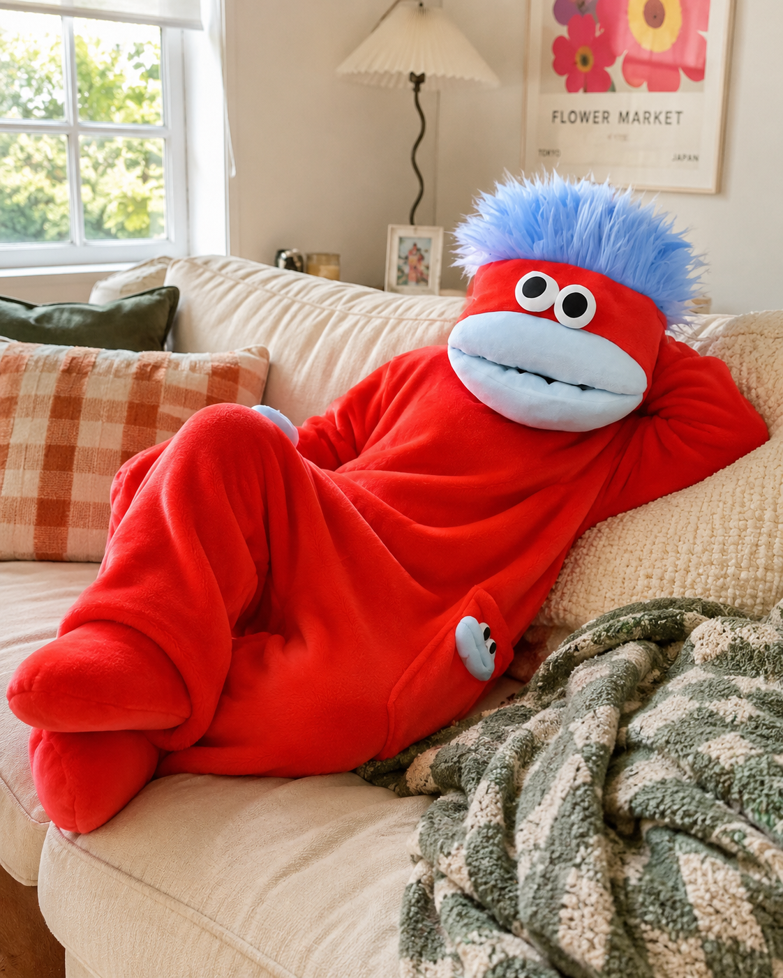 Customer lounging in red Huggybuddies onesie
